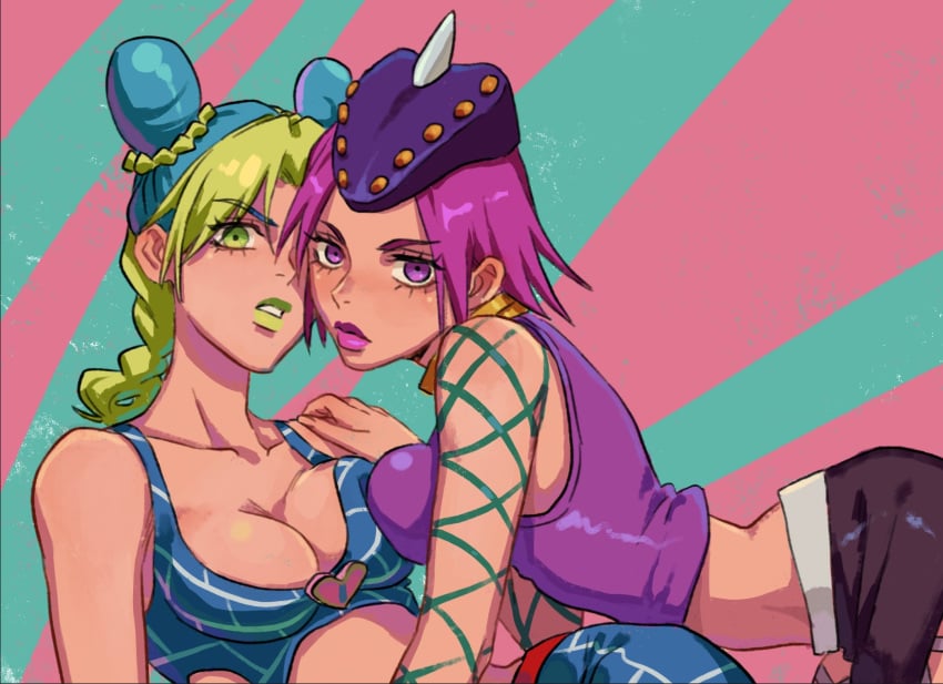 2girls breast_squish breast_to_breast canon_genderswap cleavage crop_top female_anasui female_only genderswap_(mtf) green_lipstick honlos jojo's_bizarre_adventure jolyne_kujo lipstick looking_at_viewer midriff narciso_anasui pink_hair purple_lipstick rule_63 shounen_jump stone_ocean toned toned_female yuri