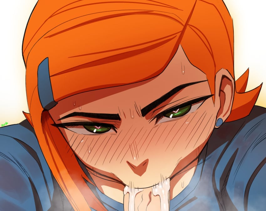 1boy 1girls 2020 :>= ben_10 blowjob blush cartoon_network cum_in_mouth cum_inside fellatio green_eyes gwen_tennyson heart-shaped_pupils heavy_breathing looking_at_partner looking_at_viewer looking_away male_pov naughty_face oral orange_hair pov short_hair sweat symbol-shaped_pupils thehumancopier unseen_male_face