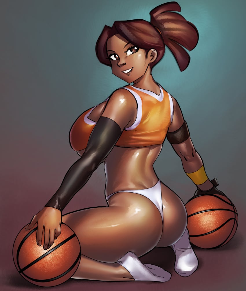 1girls ass back back_muscles basketball basketball_jersey basketball_uniform baskup big_ass breasts dark-skinned_female dark_skin female female_only huge_breasts looking_at_viewer looking_back mia_rodriguez ph socks solo white_socks