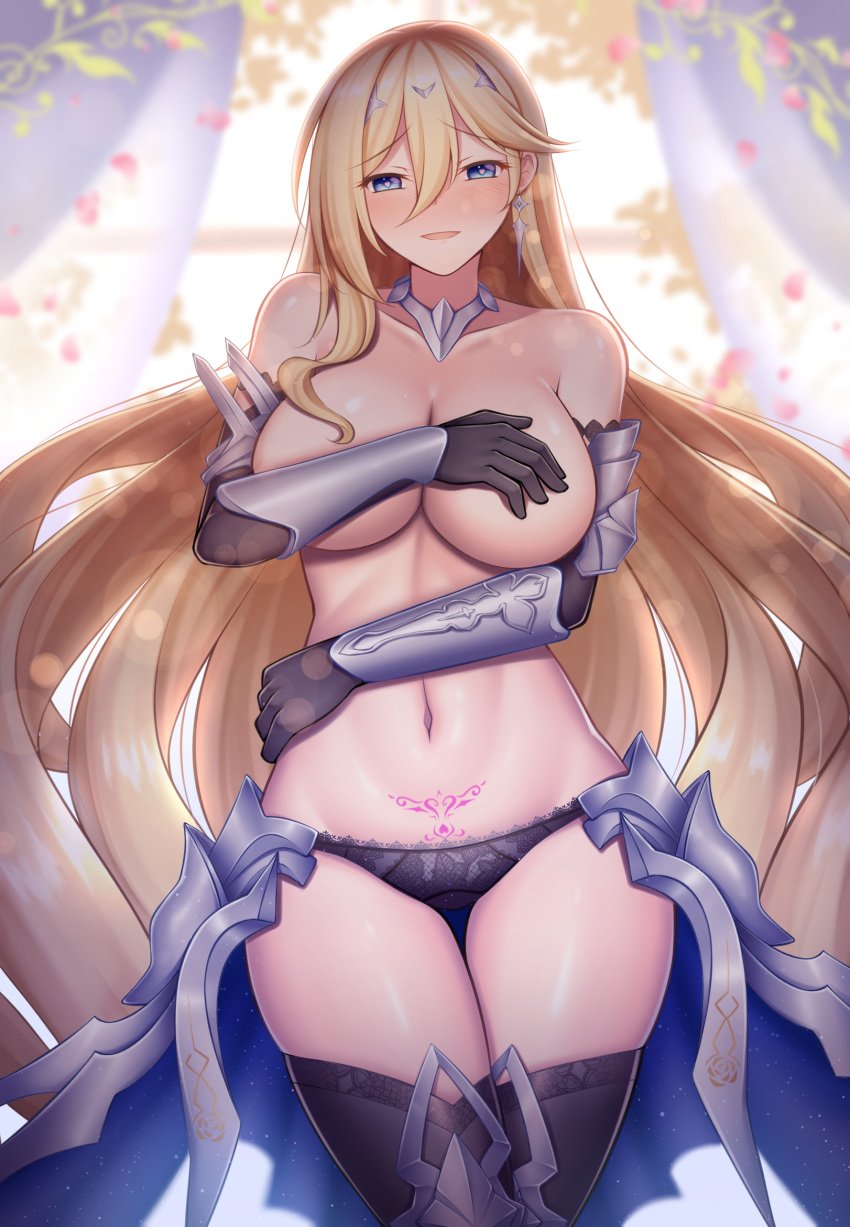 1girls bangs bianka_durandal_ataegina blonde_hair blush breast_hold breasts covering covering_breasts earrings elbow_gloves female gloves guardian-panda highres honkai_(series) honkai_impact_3rd jewelry light-skinned_female light_skin long_hair looking_at_viewer navel panties pubic_tattoo solo swept_bangs tattoo thighhighs underwear very_long_hair