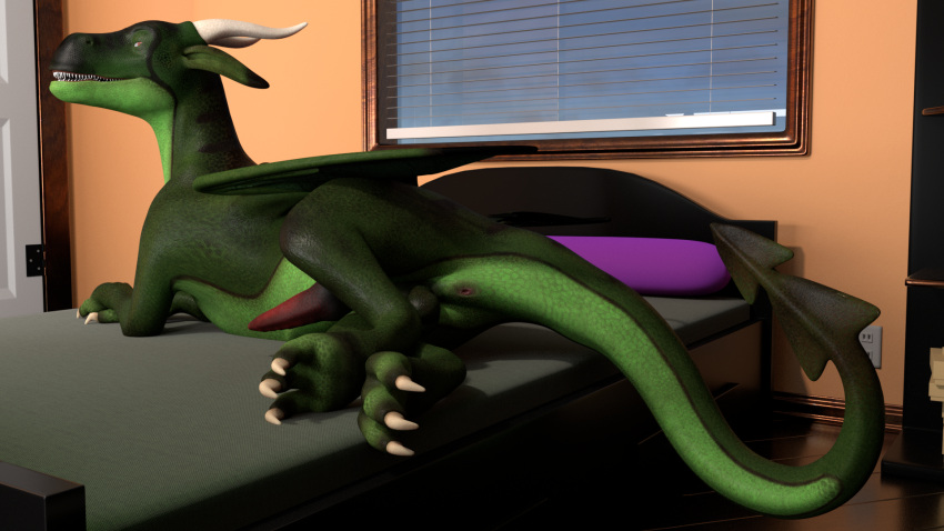 16:9 anus ass bed bedroom_eyes dirtydragons dragon erection feral furniture genitals green_body green_scales hi_res lying male narrowed_eyes penis presenting presenting_hindquarters red_eyes relaxing scales scalie seductive smile solo tyris_indrast western_dragon widescreen