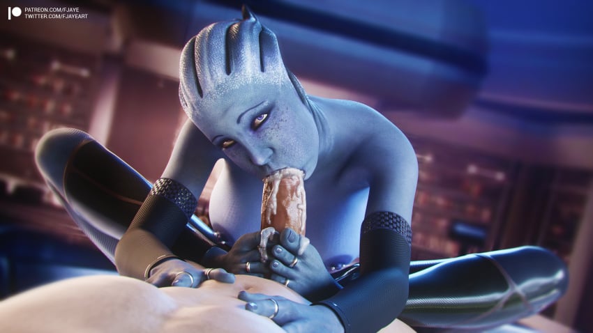 3d alien alien_girl asari big_breasts cum_in_mouth feet fellatio fjaye flowjob footjob hands_on_chest hi_res liara_t'soni mass_effect pov tagme