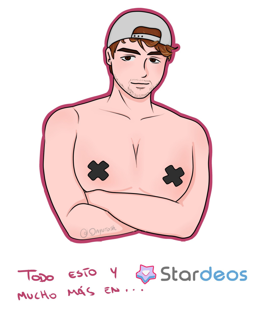 ... 1boy artist_name brown_eyes brown_hair covered_nipples dalasreview european hat light-skinned_male light_skin male male_only meme motoanexo real_person simple_background spanish_text stardeos text watermark white_background youtube youtube_hispanic