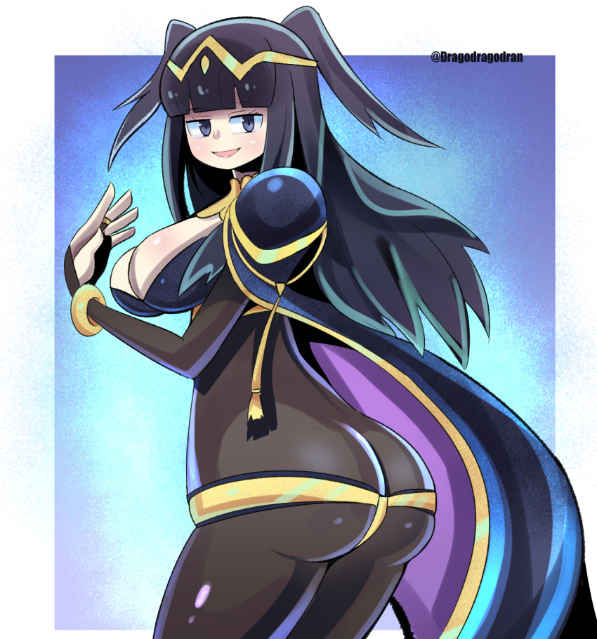 ass back_view blunt_bangs bodystocking bridal_gauntlets dragodragodran female female_only fire_emblem fire_emblem_awakening nintendo solo tharja_(fire_emblem)