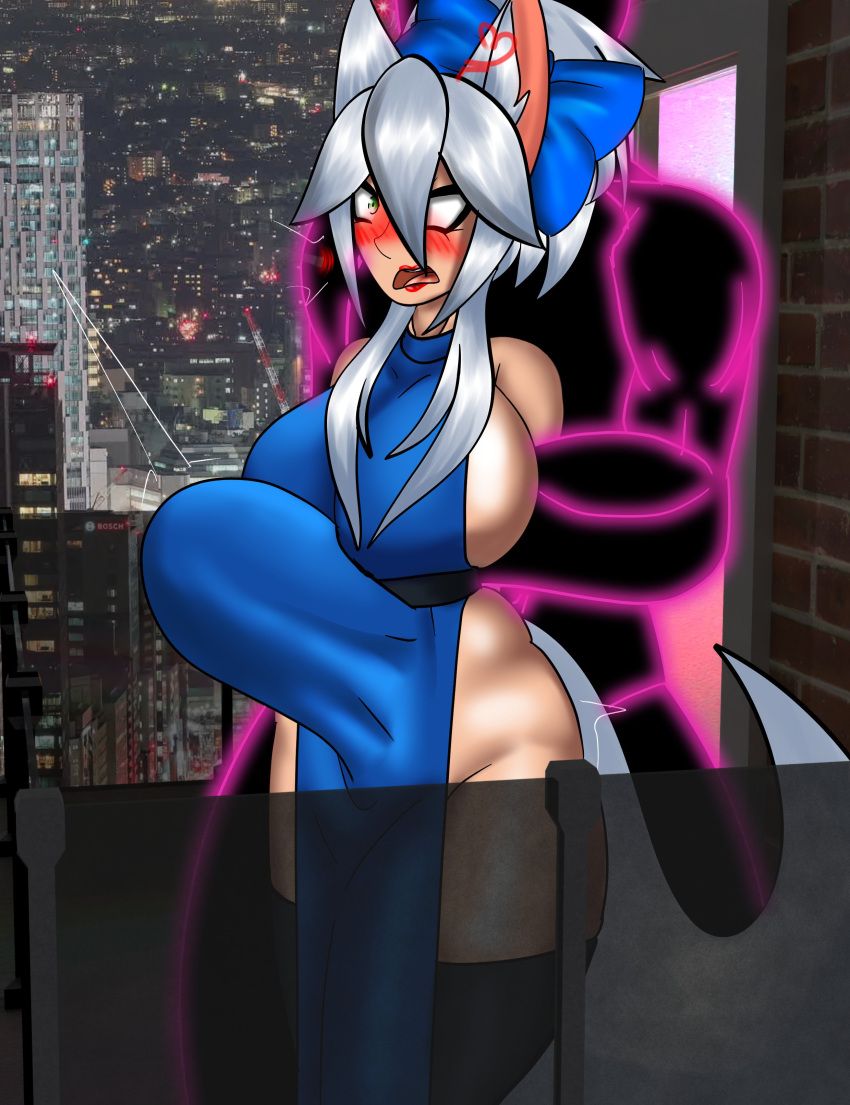 1female 1male animal_ears belly_bulge big_ass big_breasts big_butt big_penis big_thighs blue_dress blue_ribbon blush blushed from_behind from_behind_position glowing glowing_body green_eyes lips lipstick mina_(tsn11) purse silver_hair silver_tail standing standing_sex stomach_bulge stomach_deformation surprise surprise_sex surprised surprised_expression tail tan_body thick thick_ass thick_hips thick_legs thick_penis thick_tail thick_thighs thigh_highs thigh_socks thighhighs thighs thrusting unsuspecting yunaka