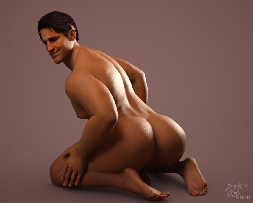 1boy 1human 1male 3d 3d_(artwork) 3d_model badonkadonks bara bara_ass bara_tiddies bara_tits beefy cheeked_up heterochromatic_eyes heterochromia himbo kazuworks kneeling light-skinned_male light_skin looking_back male male_focus male_only masculine muscular muscular_male oc original original_character pawb pecs scar_on_face solo solo_focus solo_male