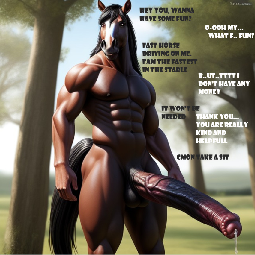 abs ai_generated animal_genitalia animal_penis balls big_penis cum dialogue dirty_talk equid equine equine_genitalia equine_penis excessive_genital_fluids excessive_precum feral flared_cock flared_penis fluffy fluffy_taiil forest forest_background fur furry girthy_penis huge_balls huge_cock it'll_never_fit long_penis looking_at_another looking_at_partner male male_only mammal multicolored_body muscles muscular muscular_anthro muscular_arms muscular_male muscular_thighs musk musk_fetish musky_balls musky_cock narrowed_eyes nipples outside penis precum presenting presenting_peni raised_tail seductive smile spread_legs spreading very_long_penis