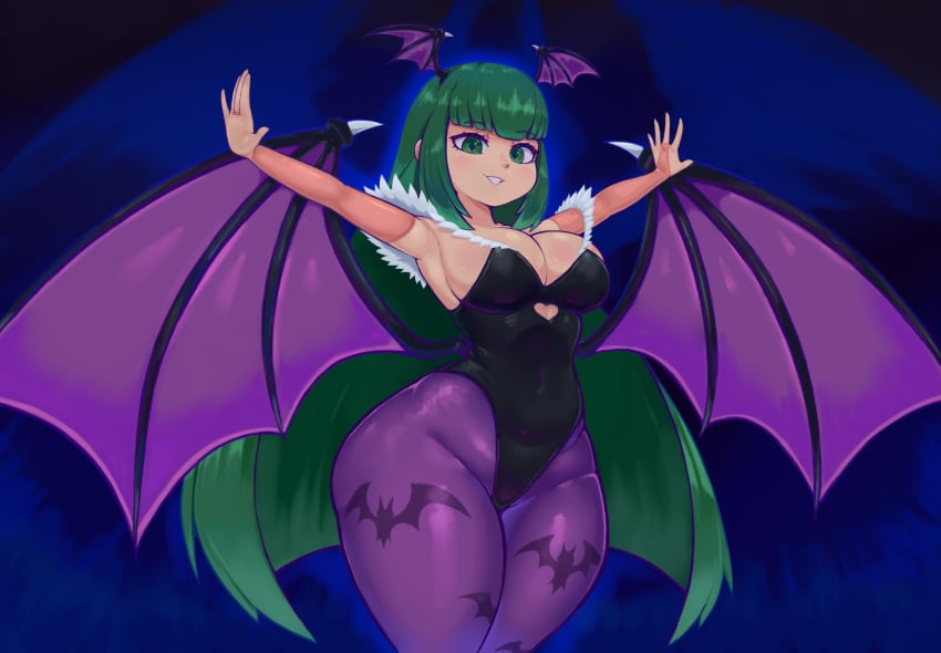 1girls absurd_res bat_print capcom darkstalkers female female_only gauntlets green_eyes green_hair head_wings heart_cutout leotard long_hair looking_at_viewer morrigan_aensland nebssik pantyhose purple_pantyhose smiling smiling_at_viewer solo succubus succubus_wings thick_thighs wide_hips wings