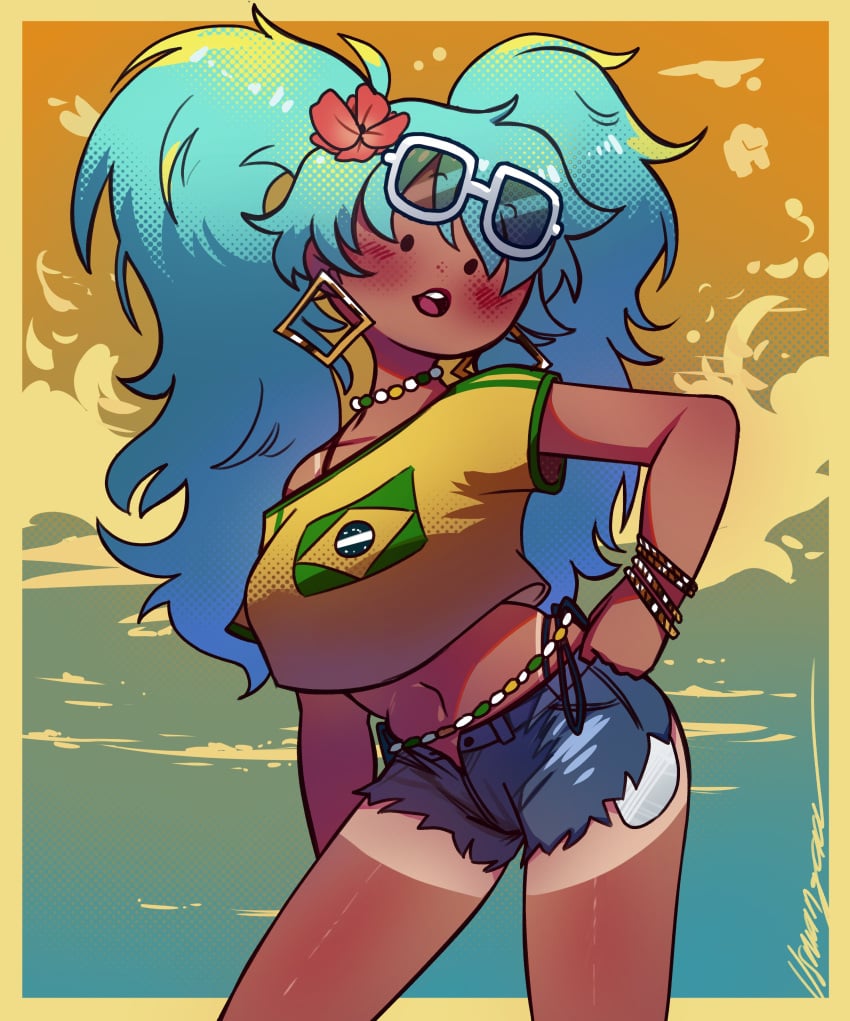 1girls ass big_ass big_thighs blue_hair brazil brazilian brazilian_female brazilian_miku breasts butt cute cyan_eyes cyan_hair dark-skinned_female dark_skin dressed female female_only hatsune_miku latin_american_hatsune_miku_(meme) long_hair looking_at_viewer medium_breasts shirt shorts solo streetwear sweat tagme tan tan_body tan_lines thick_hips thick_thighs thighs twintails usmangaa vocaloid yellow_shirt