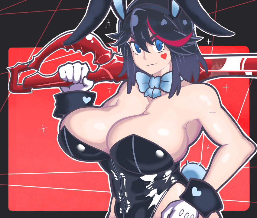 1girls animal_ear_hairband animal_ears bangs big_breasts black_hair blue_eyes breasts bunny_ears bunny_girl bunny_tail bunnysuit cleavage facepaint fake_animal_ears fake_tail female female_only gloves hair_between_eyes hairband hand_on_hip heart highleg highleg_leotard highres holding_object holding_weapon hourglass_figure huge_breasts kill_la_kill latex leotard matoi_ryuuko melee_weapon red_hair short_hair skindentation smile solo strapless_leotard sword tecfuzz upper_body weapon weapon_on_shoulder wide_hips wrist_cuffs