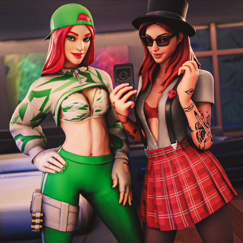 2girls 3d chance_(fortnite) fortnite leggings macklesternsfw mirror_selfie open_shirt partially_clothed pepper_thorne_(fortnite) pulled_up_shirt red_hair selfie skirt smiling smiling_at_viewer sunglasses tinted_eyewear