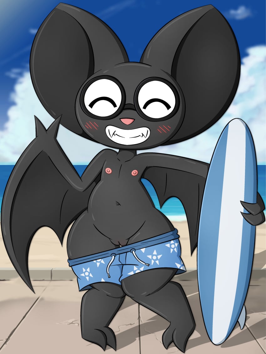 2024 absurd_res anthro bat big_ears black_body black_fur blue_clothing blue_swimming_trunks blue_swimwear blush blush_lines breasts closed_eyes clothed clothing cloud collarbone day drawstring exhibitionism eyewear fangs female flat_chested fur genitals gesture glasses grin hi_res holding_surfboard mabel_(zinzoa) male_swimwear_challenge mammal membrane_(anatomy) membranous_wings mostly_nude_anthro mostly_nude_female navel nipples nude outdoor_nudity outside pink_nipples pink_nose pose pussy round_glasses seaside sidewalk sky small_breasts smile solo standing surfboard swimming_trunks swimming_trunks_down swimwear teeth thick_thighs topless topless_anthro topless_female v_sign water wide_hips wings zinzoa