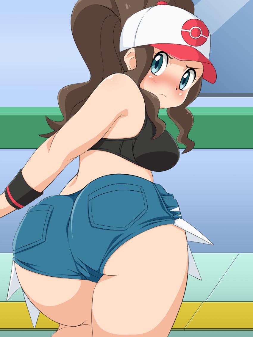 1girls ass big_ass blue_eyes blush breasts brown_hair clothed curvy_figure eye_contact female hat hilda_(pokemon) long_hair looking_at_viewer minishorts nintendo pokemon pokemon_bw shorts solo thick_ass thick_thighs thighs umejiru