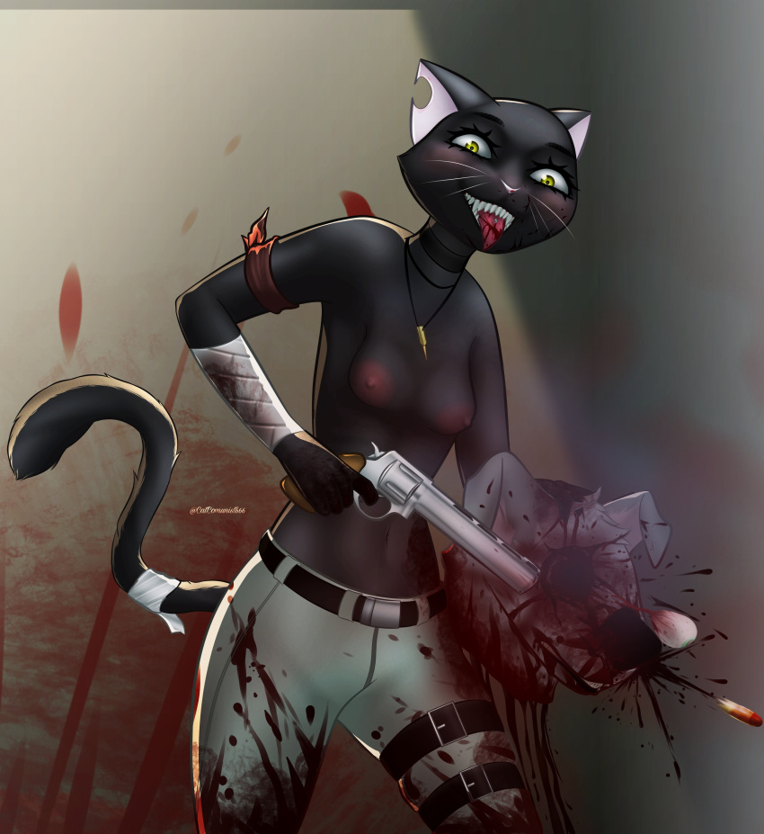 absurd_res anthro blood bodily_fluids breasts canid canine canis catcomunist666 digital_media_(artwork) domestic_cat domestic_dog duo explosion felid feline felis female gore gun handgun hi_res laila_sokolov_kot looking_at_viewer lucas_romiyo male male/female mammal nipples point_blank ranged_weapon revolver weapon