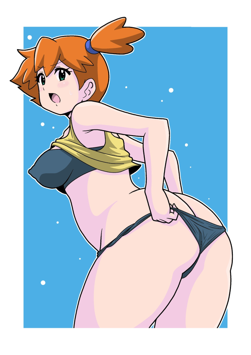 absurdres arm_behind_back ass back bare_arms bare_shoulders blush breasts creatures_(company) female female_focus game_freak gym_leader hair_tie highres huge_ass kasumi_(pokemon) koutarosu legs medium_breasts nintendo nipples nude open_mouth orange_hair panties pokemon pokemon_(anime) pokemon_(classic_anime) ponytail shirt simple_background sleeveless solo striped_panties tank_top thick_thighs thighs white_background yellow_shirt yellow_tank_top