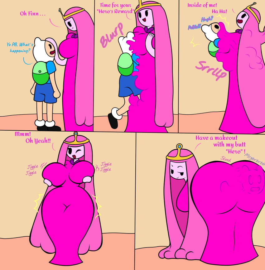 1boy 1girls absorption absorption_vore adventure_time ass ass_expansion big_breasts breast_expansion bubble_ass bubble_butt butt cartoon_network clothing dat_ass dress face_imprint fat_ass female_pred finn_the_human hip_expansion huge_ass huge_butt human_prey long_hair looking_back male_prey mob_face pink_body pink_dress pink_hair princess_bubblegum sentient_fat slime_girl slimimi_(artist) smile smug smug_face smug_smile thick_thighs vore warner_brothers wide_hips