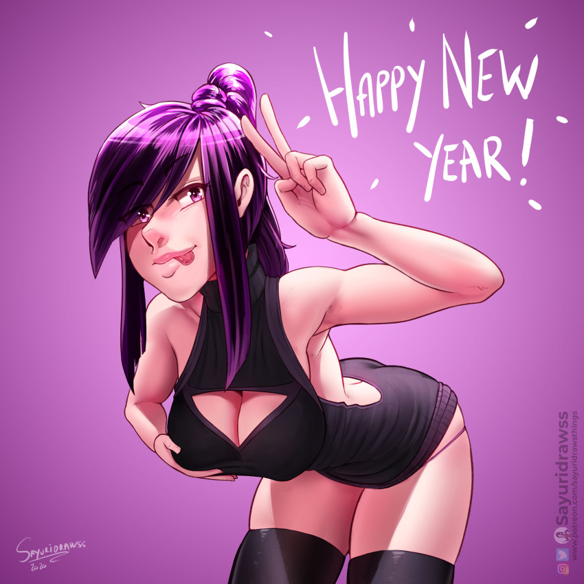 2021 big_ass big_breasts fangs goth groping groping_self groping_through_clothes new_year original ponytail purple_eyes purple_hair sayuri_(sayuridrawsthings) sayuridrawsthings smirk string_panties thick_thighs thighhighs tight_clothing tongue turtleneck