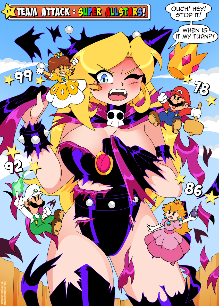 2boys 3girls black_outfit blonde_hair blue_eyes breasts cape chubby cleavage clothing english_text fangs female female_focus female_only giantess high_heels leotard light-skinned_female light_skin long_hair luigi mario mario_(series) mario_tennis nicolasgravelqc nintendo princess_daisy princess_peach sfw signature size_difference size_play skull spikes voluptuous wapeach wide_hips