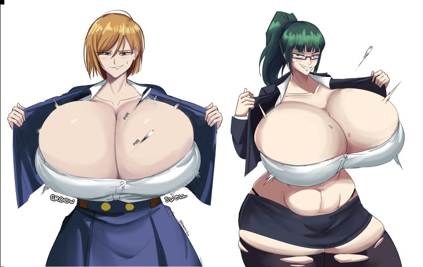 2girls abs alternate_breast_size blush breast_expansion button_pop edit emmarrgus female female_only flashing_breasts glasses green_hair huge_breasts human hyper hyper_breasts jujutsu_kaisen kugisaki_nobara multiple_girls orange_hair ponytail ripped_clothing short_hair skirt smiling_at_viewer smirk sweat thighhighs thighs third-party_edit tight_clothing transformation uniform wardrobe_malfunction zenin_maki