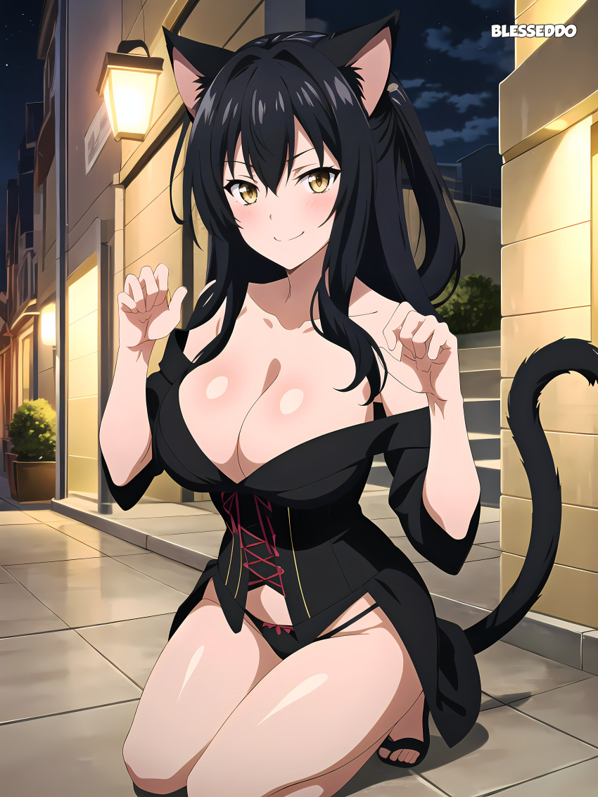 1girls 2d ai_generated amber_eyes big_breasts black_hair blesseddo cat_ears cat_tail catgirl long_hair outside solo watermark