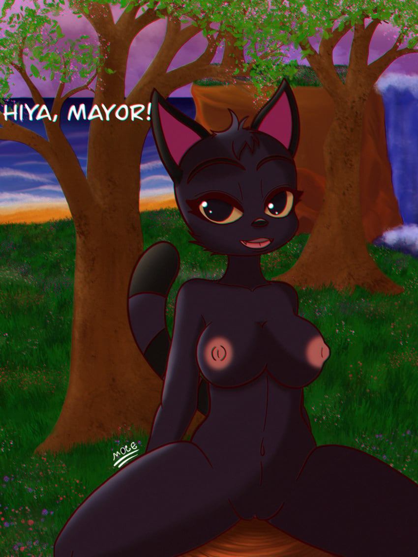 3:4 animal_crossing anthro anthrofied areola black_body black_fur breasts cliff digital_media_(artwork) domestic_cat eyebrows felid feline felis female fur genitals grass hi_res kiki_(animal_crossing) leaf looking_at_viewer mammal manwiththemole nintendo nipples nude open_mouth plant pussy river sea signature sitting smile solo spread_legs spreading striped_tail stripes text tree tree_stump video_games water waterfall yellow_sclera