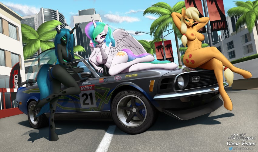 2020 absurd_res alicorn anthro applejack_(mlp) areola arthropod ass breasts car changeling clearvision cloud cutie_mark detailed_background digital_media_(artwork) earth_pony equid equine eyebrows eyelashes female forked_tongue friendship_is_magic green_eyes group hole_(anatomy) hooves horn horse licking licking_lips looking_at_viewer mammal my_little_pony naked nipples nude outside pony princess_celestia_(mlp) queen_chrysalis_(mlp) shadow tongue tongue_out unguligrade unguligrade_anthro vehicle wings