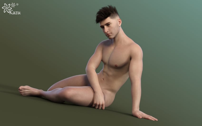 1boy 1human 1male 3d 3d_(artwork) 3d_model 5_o'clock_shadow dark_brown_hair erect_nipples green_eyes kazuworks lean_body lean_muscle light-skinned_male light_skin lying_on_side male male_only masculine naked naked_male no_visible_genitalia nude nude_male original original_character solo solo_focus solo_male