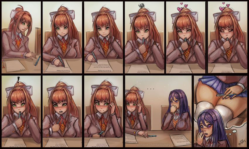 ! 2girls ahegao annoyed awkward_situation blue_skirt blush blushing brown_hair classroom comic desk doki_doki_literature_club embarrassed erect_nipples eyes_closed eyes_rolling_back face_fucking facefuck female female_only fringe ginger green_eyes hard_nipples hearts implied_masturbation long_hair masturbation monika_(doki_doki_literature_club) mouth_open multiple_girls nipples nipples_visible_through_clothing object_in_mouth oral orange_hair pen petite pleasure_face pleasured ponytail purple_eyes purple_hair ribbon school_uniform schoolgirl skirt sucking teenager thick thick_thighs thighhighs thighs vempire white_ribbon white_thighhighs yuri yuri_(doki_doki_literature_club)