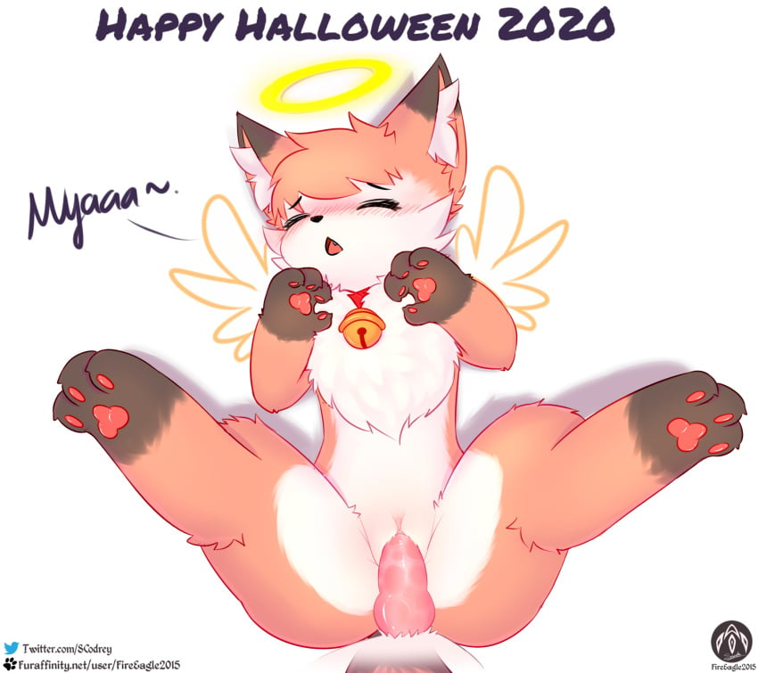 anthro bell blush canid canine duo english_text female female_penetrated fox genitals halloween halo hi_res holiday_message holidays lying male male_penetrating male_penetrating_female mammal nia_(senz) paws penetration penis pussy scarf senz sex straight text url vaginal_penetration wings