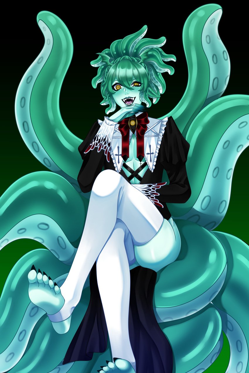 alien alien_humanoid blue_body blue_skin circusendless cthulhu cthulhu_mythos cult deity feet femboy god green_body literature lovecraftian mythology nun_outfit original_character public_domain tentacle