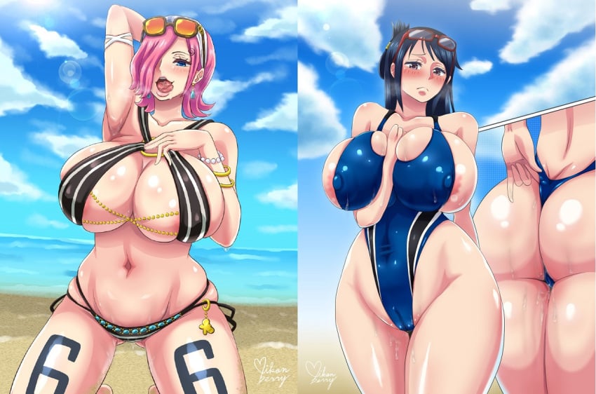 ass big_ass big_breasts bikini blonde_hair breasts bursting_breasts eyewear_on_head female female_only glasses_on_head huge_breasts leotard leotard_pull mikanberry one_piece pink_hair shounen_jump skindentation sunglasses_on_head sweat sweating tashigi thick_thighs tight_clothing vinsmoke_reiju