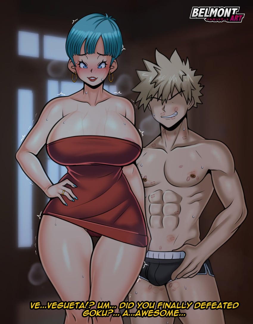 1boy 1girls abs bakugou_katsuki bare_arms bare_legs bare_shoulders bare_thighs belmont big_breasts blonde_hair blue_eyes blue_hair bluge blush bulma_briefs cheating clothed clothing color crossover dragon_ball dragon_ball_z english_text female hi_res katsuki_bakugou kiss_mark large_breasts light-skinned_female light_skin looking_at_viewer male male/female muscles muscular muscular_male my_hero_academia netorare ntr red_eyes short_hair sweat tagme text thick_thighs underwear