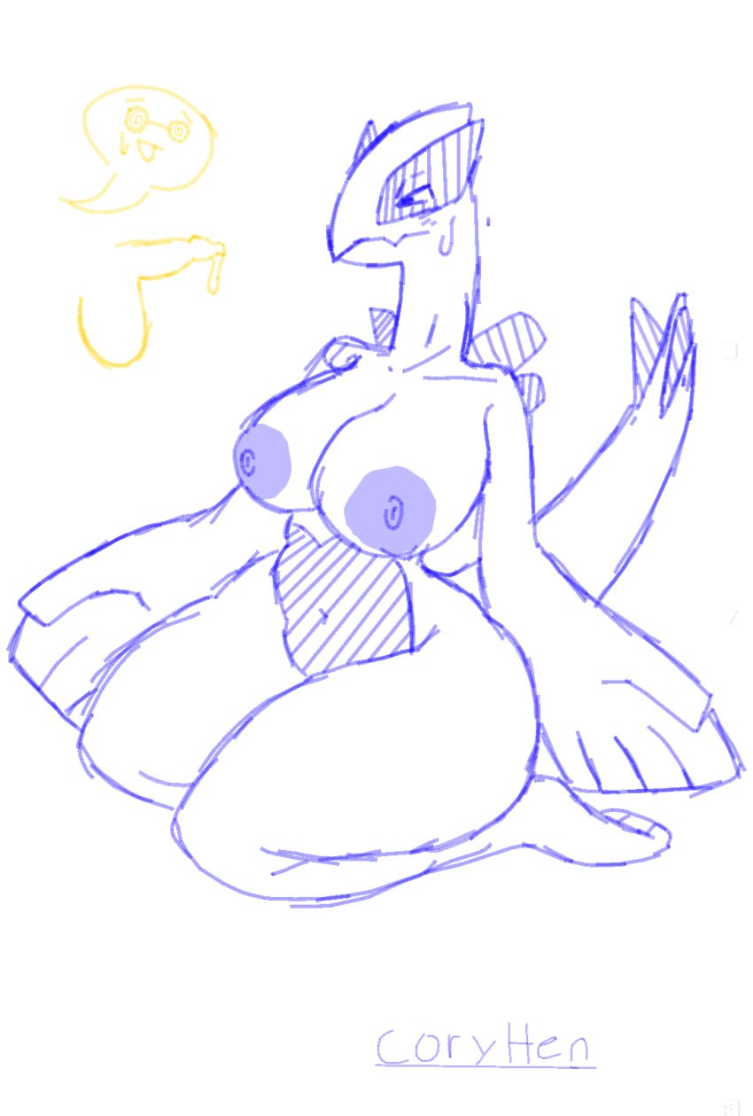 artist_name big_hands bird breasts coryhen_(artist) dissappointed_look flying_type generation_2_pokemon legendary_pokémon lugia on_knees pokemon pokemon_(species) self_upload small_penis speech_bubble sweatdrop swirly_glasses wings