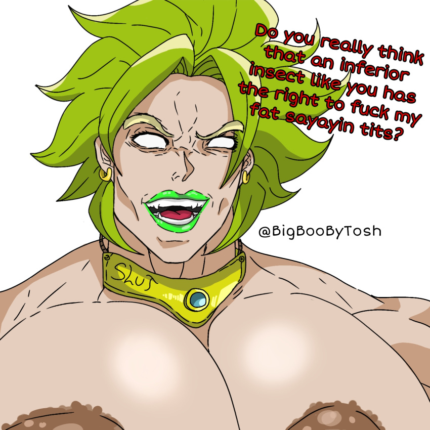 big_areola big_breasts big_nipples big_pecs broly broly_(dragon_ball_z)_1993 brown_nipples dragon_ball female_breasts green_hair green_lipstick hetero heterosexual lipstick muscles muscular muscular_female rule_63 yaoi