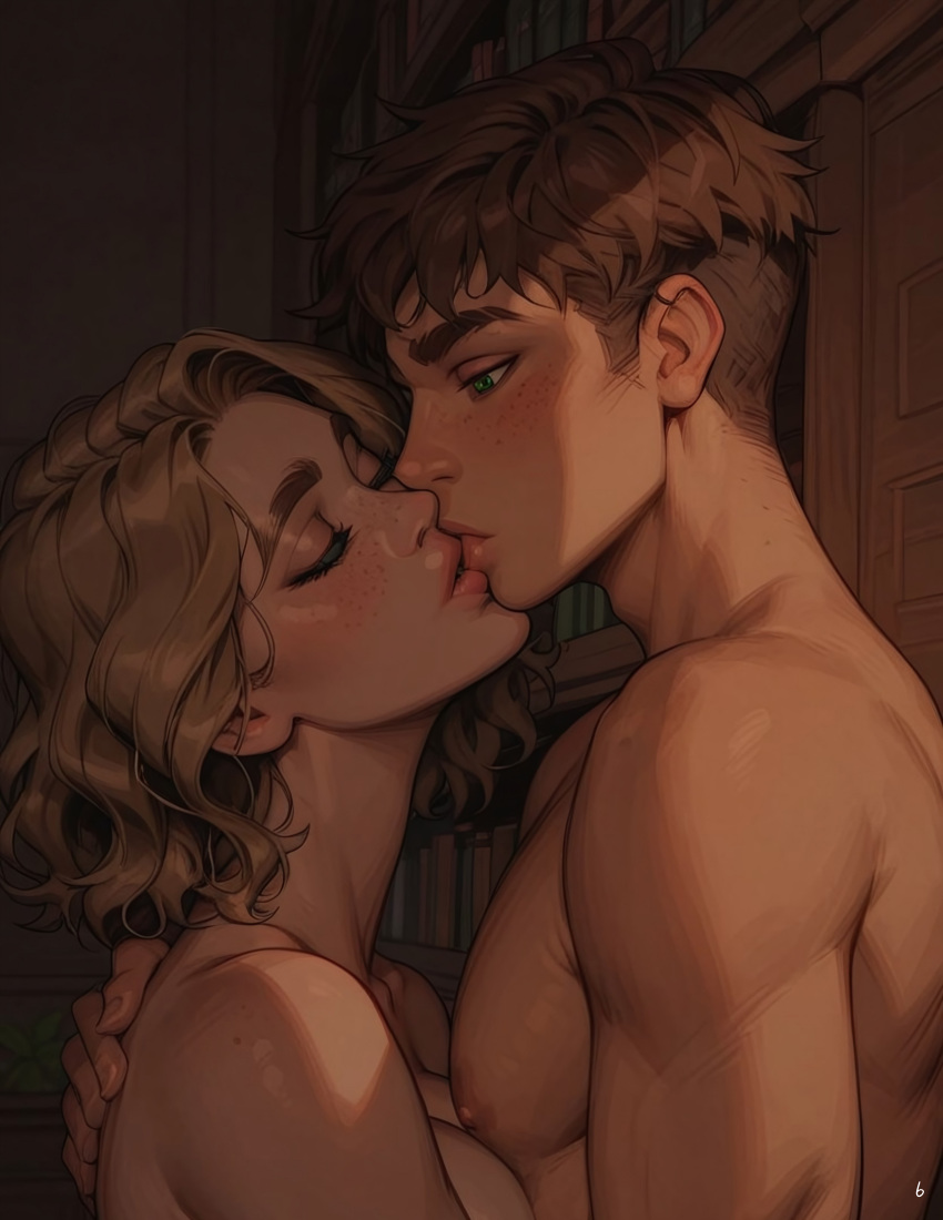 1boy ai_assisted blonde_hair_female brown_hair_male close-up comic cute desire female green_eyes nude nude_female nude_male passionate passionate_kiss