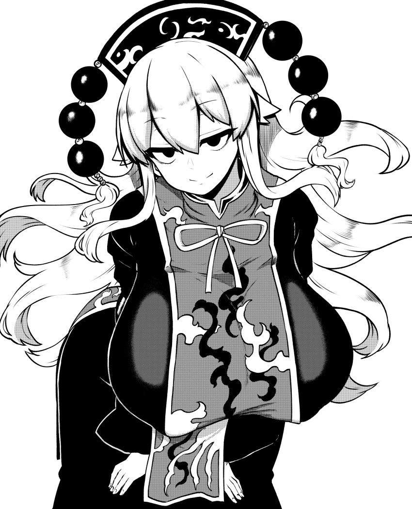 absurdres big_breasts breasts breasts_bigger_than_head chinese_clothes female headwear highres himajin_noizu huge_breasts junko_(touhou) massive_breasts mature_female milf monochrome solo touhou