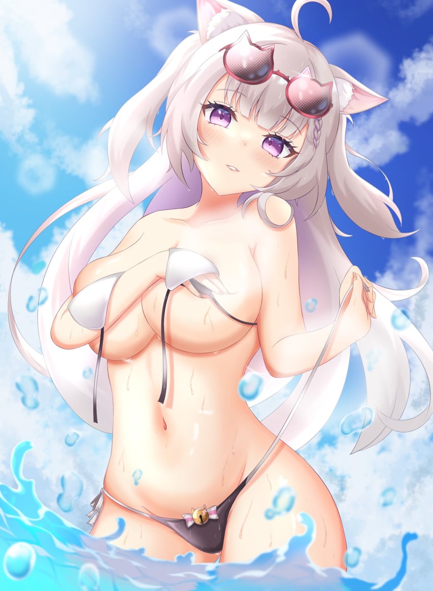 1girls ahoge animal_ears belly_button bikini blush cat_ears cat_glasses catgirl eyebrows_visible_through_hair female female_only grey_hair indie_virtual_youtuber light-skinned_female light_skin looking_at_viewer outside purple_eyes rinkarinn_52 solo sunglasses sunglasses_on_head swimsuit untied_bikini utano_neru virtual_youtuber