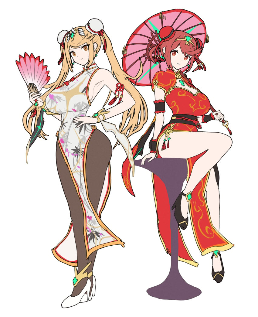 2d 2d_(artwork) 2girls black_heels black_shoes blonde_hair child_bearing_hips chinese_clothes chinese_dress cute gonzarez gonzarez1938 hand_on_waist high_heels highres large_breasts looking_at_viewer mythra nintendo oil-paper_umbrella pantyhose paper_fan parasol ponytails pyra red_dress red_eyes red_hair sideboob sitting smiling standing tagme thick_thighs thin_waist tights twintails umbrella white_dress white_heels white_shoes xenoblade_(series) xenoblade_chronicles_2 yellow_eyes