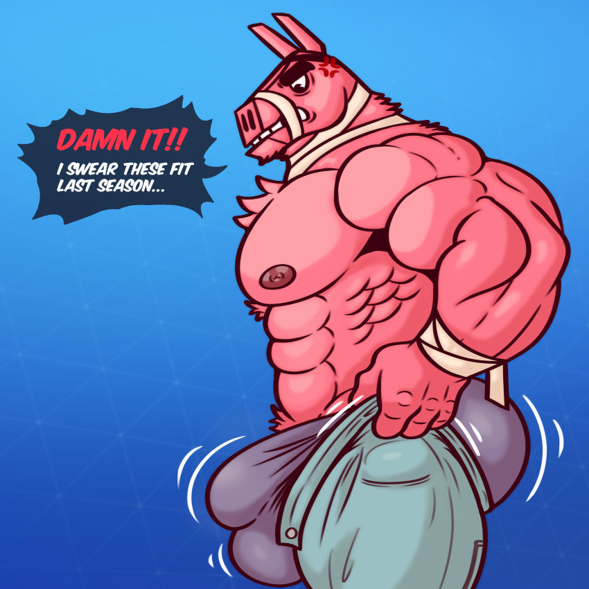 abs absurd_res angry animate_inanimate anthro ass bandage bandaged_arm bandaged_neck big_bulge big_butt big_pecs blue_background bottomwear bulge camelid clenched_teeth clothing cross-popping_vein denim denim_bottomwear denim_clothing dialogue epic_games eye_patch eyewear fortnite fur hi_res jeans living_pinata llama looking_down lt._john_llama male mammal muscular nipples pants pecs pinata pink_body pink_fur posstype simple_background solo speech_bubble teeth tight_bottomwear tight_clothing tufted_fur