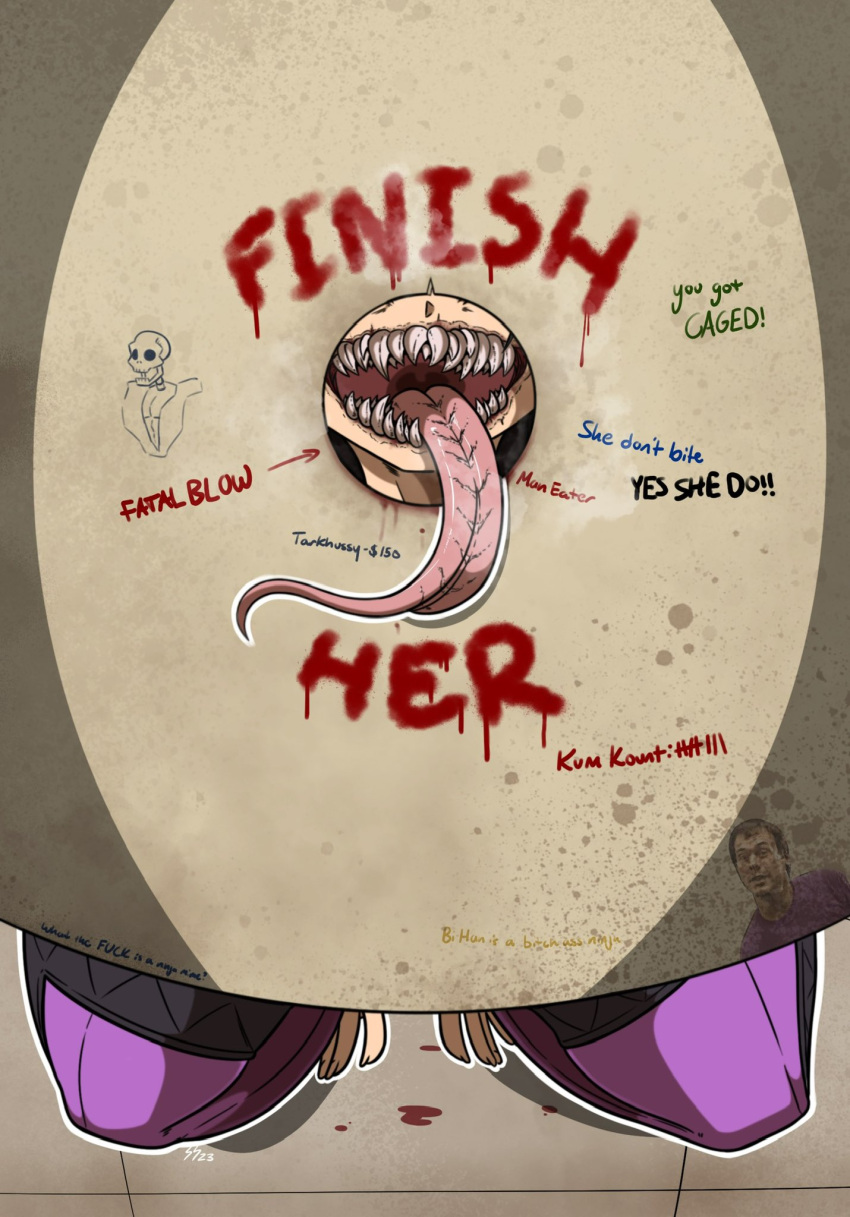 1girls big_breasts black_hair blood female female_only glory_hole humor imminent_eating imminent_fellatio imminent_oral imminent_sex long_tongue looking_at_viewer mileena mortal_kombat mortal_kombat_11 on_knees open_mouth satsukisupreme sharp_teeth soles solo solo_focus tagme text thick_thighs thighhighs thighs tongue_out