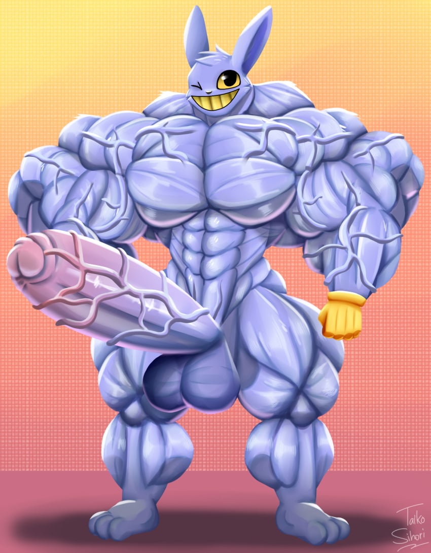 1boy abs anthro balls big_penis erect_penis erection extreme_muscles huge_cock hyper hyper_breasts hyper_muscles jax_(the_amazing_digital_circus) male_only muscles muscular muscular_male nude nude_male pecs smile smiling_at_viewer taiko-sihori the_amazing_digital_circus veins veiny_muscles veiny_penis wink