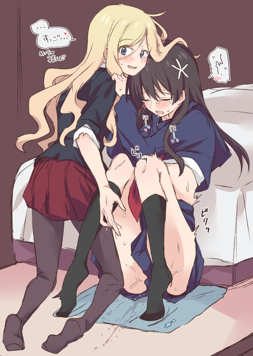 2girls after_fingering black_hair black_legwear blonde_hair blue_eyes blue_skirt blush brown_legwear closed_eyes eyebrows_visible_through_hair frenda_seivelun hair hair_between_eyes hair_ornament highres kneehighs kneeling long_hair miiii multiple_girls pantyhose pussy_juice red_skirt saten_ruiko school_uniform serafuku sitting skirt speech_bubble to_aru_kagaku_no_railgun to_aru_majutsu_no_index translation_request yuri