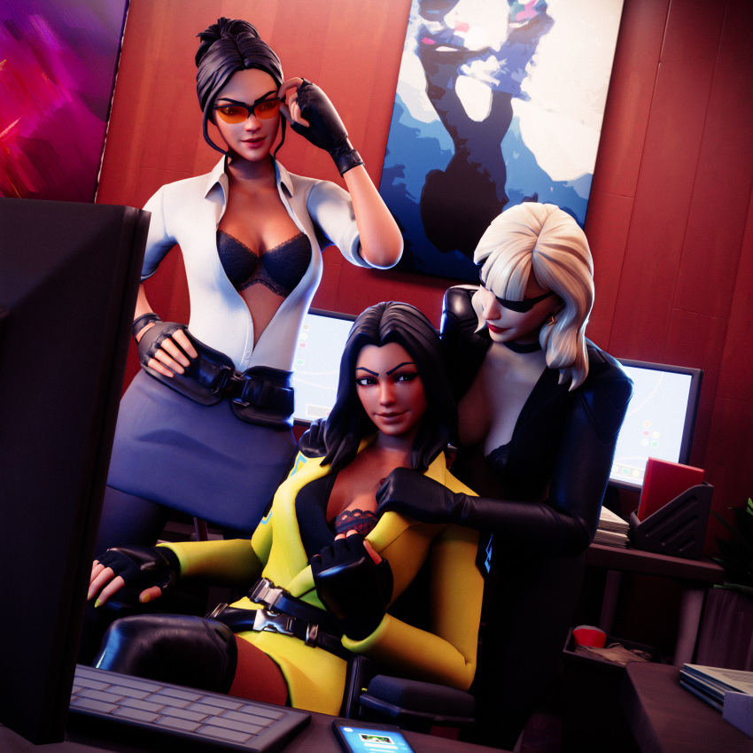 3d 3d_(artwork) 3girls adjusting_eyewear adjusting_glasses adjusting_sunglasses black_bra black_lingerie clothes_pull clothes_ripping fortnite macklesternsfw office office_clothing office_lady orange-tinted_eyewear partially_clothed rook_(fortnite) siren_(fortnite) stripping sunglasses tinted_eyewear yellowjacket_(fortnite)