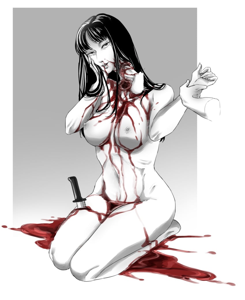 1boy 1girls areolae bangs black_hair blood blood_in_mouth blood_on_face blood_puddle blood_splatter blood_stain decapitated_head decapitation eyelashes full_body guro holding_another's_wrist holding_head holding_own_head immortal junji_ito knife long_hair looking_at_viewer lots_of_blood medium_breasts mole mole_under_eye navel neck_fucking neck_stump ninnikuchan nipples nude nude_female offscreen_character offscreen_male on_knees open_wound oral reverse_fellatio ribs seiza sex smile stabbed tomie wakamezake wound wound_fucking wounded