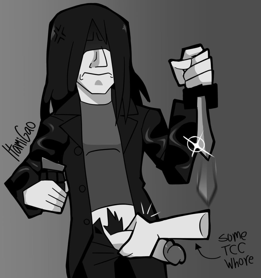 1boy 2024 5_fingers angry antagonist_(hatred) black_and_white black_hair cartoony cel_shading dagger disembodied_hand edgy frown gradient_background grenade groping hand_on_penis hatred_(game) human itamigao jacket leather_jacket long_hair male male/ambiguous monochrome motion_blur motion_lines no_background penis pubic_hair self_upload signature simple_background standing toony weapon