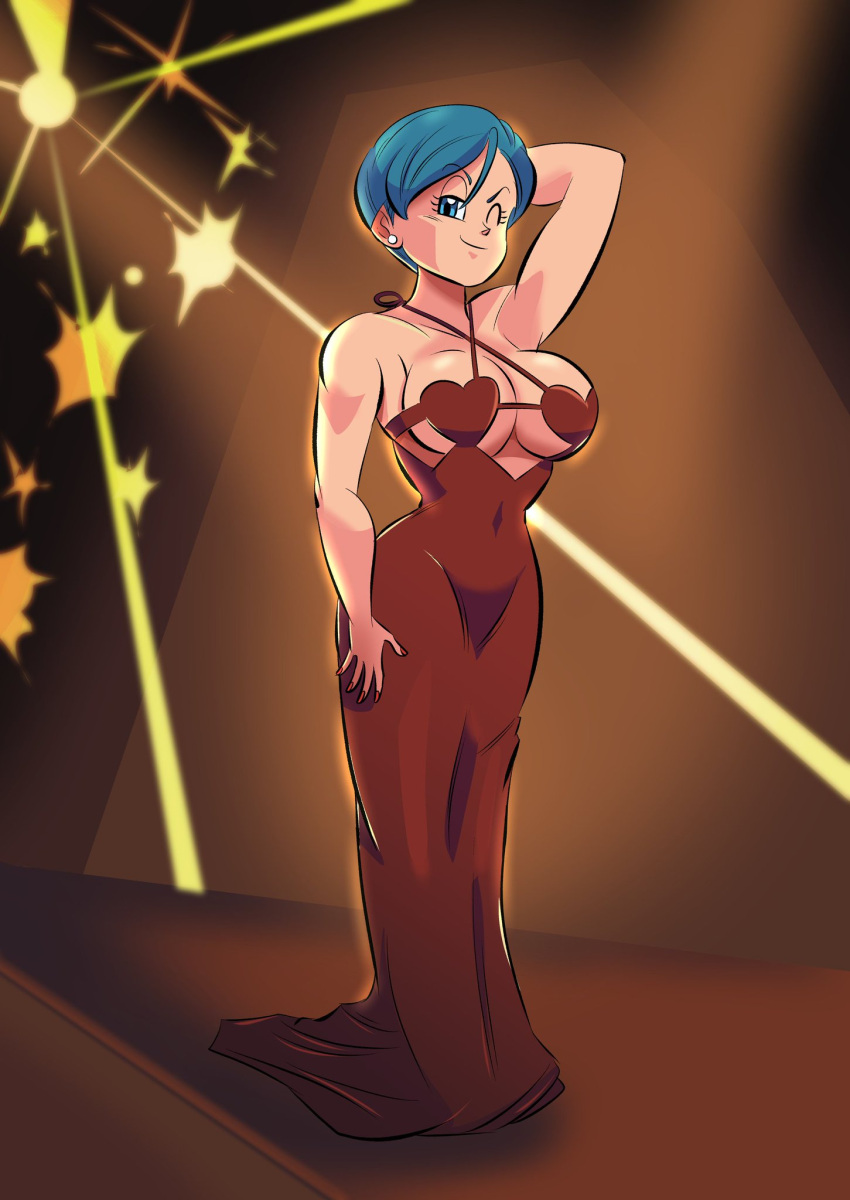 1milf bulma_briefs dragon_ball dragon_ball_super dress elegant_dress evening_gown funsexydragonball hearts looking_at_viewer milf posing red_dress valentine's_day winking_at_viewer