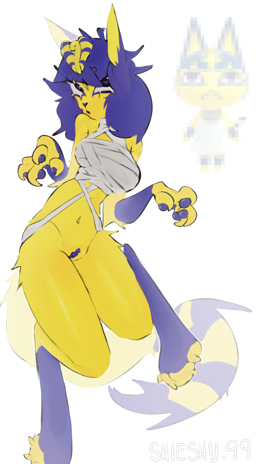 1girls absurd_res animal_crossing ankha ankha_(animal_crossing) ankha_ride_(minus8) anthro bandage bandaged_body blue_and_yellow blue_genitals blue_hair bottomless breasts cat_tail clawed_fingers claws digitigrade felid feline female fur genitals hi_res legs mammal medium_hair navel nintendo pussy shieshuqqq solo stomach thighs yellow_body yellow_fur