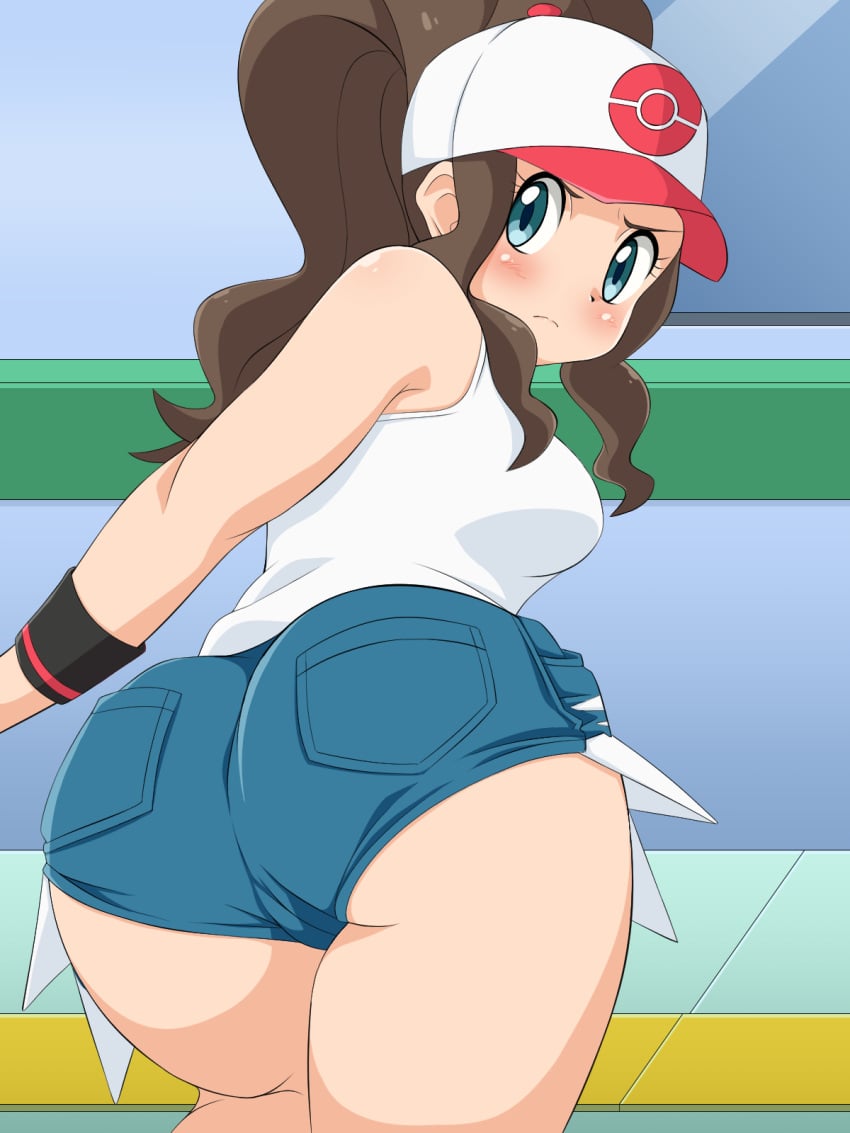 1girls ass big_ass blue_eyes blush breasts brown_hair clothed curvy_figure eye_contact female hat hilda_(pokemon) long_hair looking_at_viewer minishorts nintendo pokemon pokemon_bw shorts solo thick_ass thick_thighs thighs umejiru