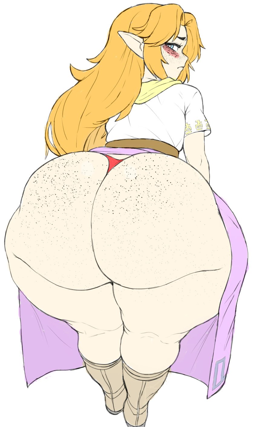 1girls alternate_ass_size ass ass_bigger_than_head back_view big_ass blush bubble_butt colored dumptruck_ass freckles_on_ass freckles_on_face ham_saus huge_ass hylian light-skinned_female light_skin malon nintendo ocarina_of_time pointy_ears the_legend_of_zelda thong