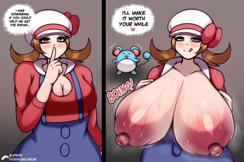 alternate_breast_size bouncing_breasts breasts_bigger_than_head brown_eyes brown_hair compressed_breasts compression_clothing hammerspace hat hidden_buxom huge_breasts lyra_(pokemon) marill pokemon pokemon_hgss zapklink